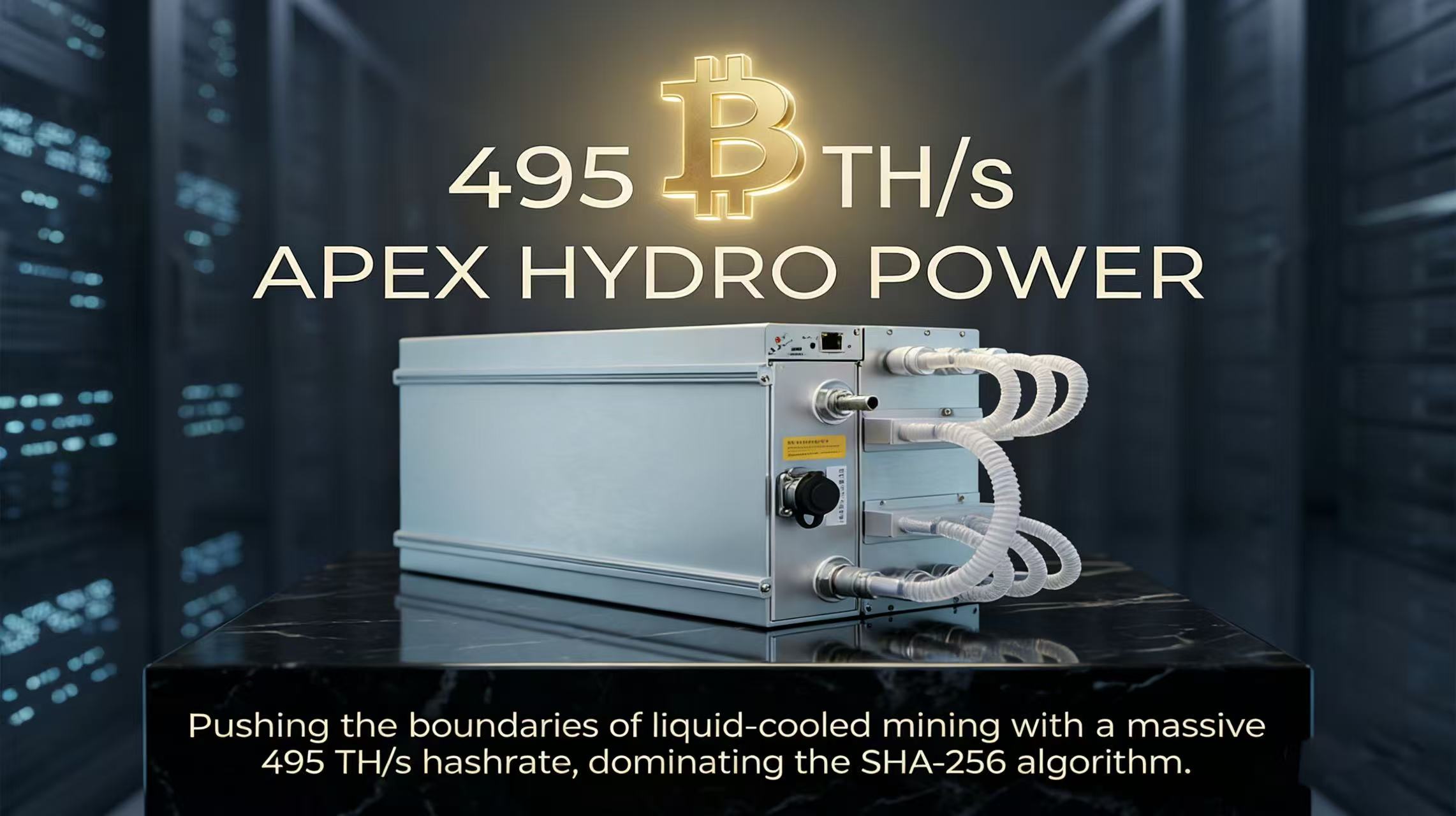 Industrial-grade Bitmain Antminer S21j XP Hydro miner connected to a specialized liquid-cooling loop within a modern data center.