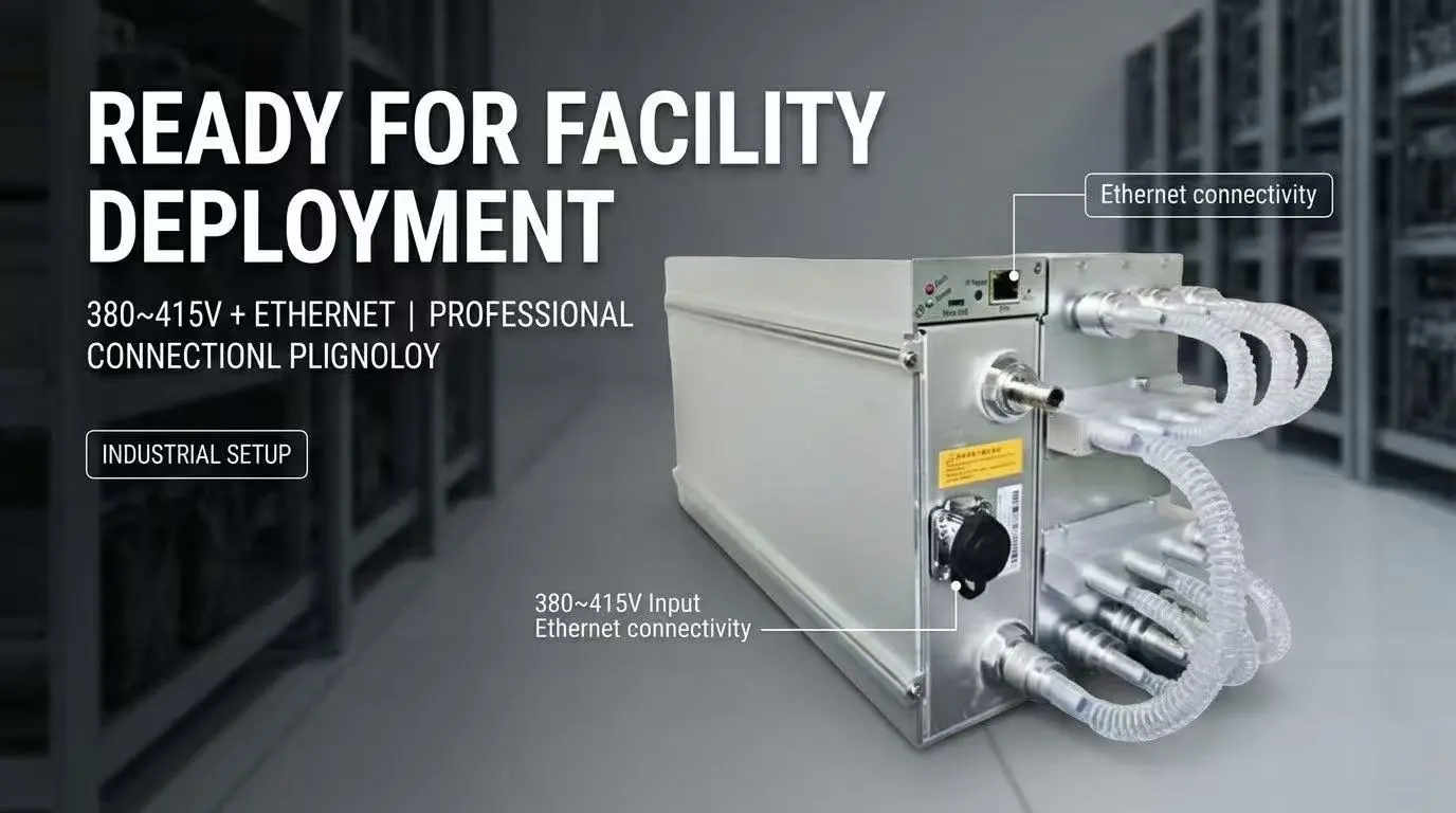 Antminer S21 XP+ Hyd Deployment Blueprint - Professional facility integration featuring high-voltage 380-415V input, dedicated Ethernet connectivity, and a standard 360-day warranty.