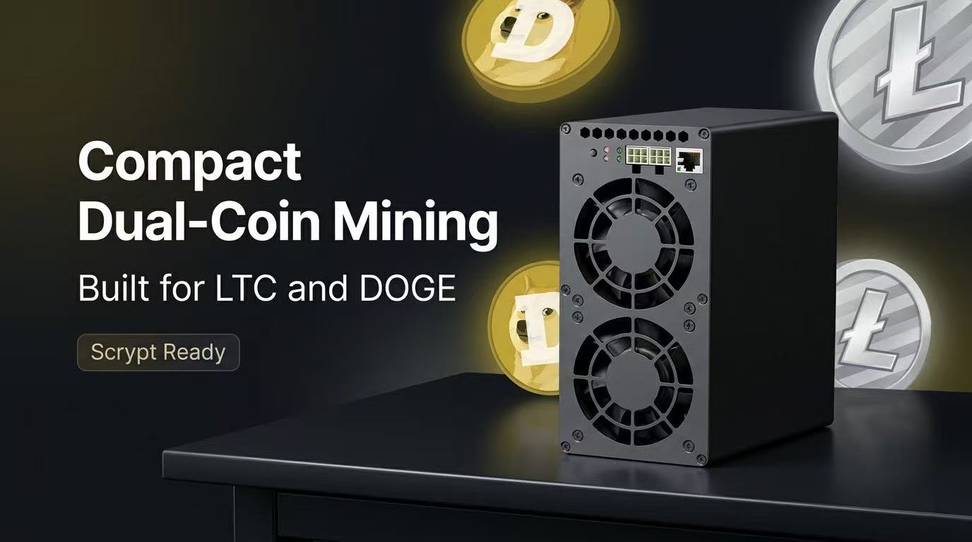 Compact desktop Scrypt miner built for seamless dual-coin LTC and DOGE mining.