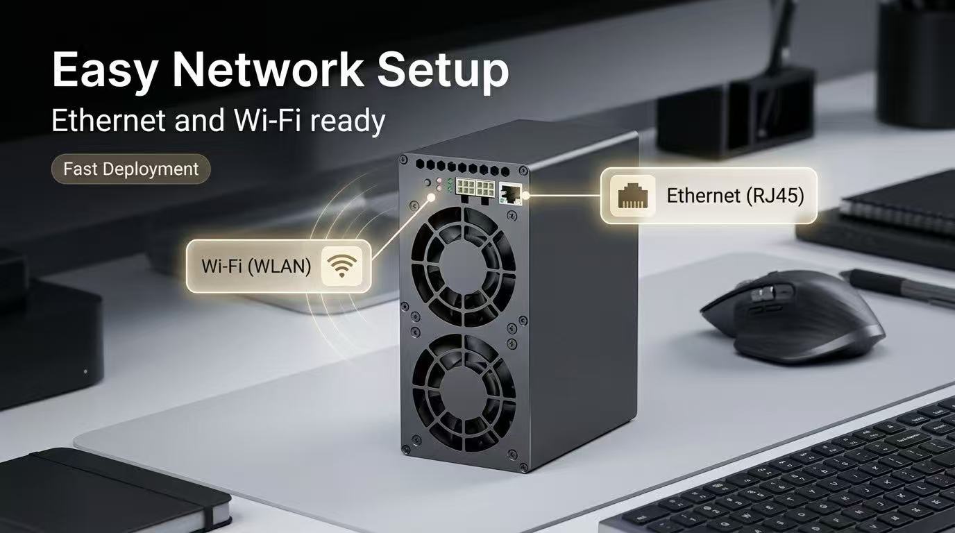 Flexible network connectivity featuring both Ethernet and Wi-Fi for an easy setup.