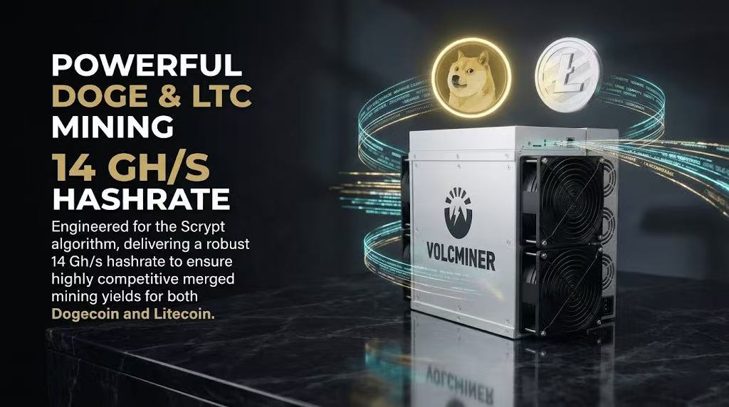 Official spec-highlight graphic detailing the 14 GH/s output and 4000W power consumption.