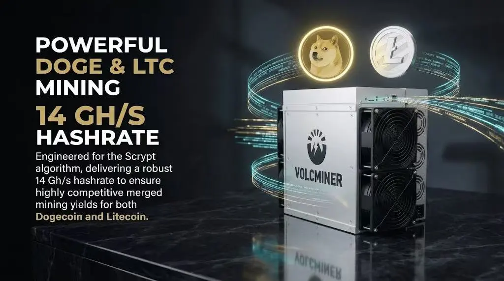 Official spec-highlight graphic detailing the 14 GH/s output and 4000W power consumption.