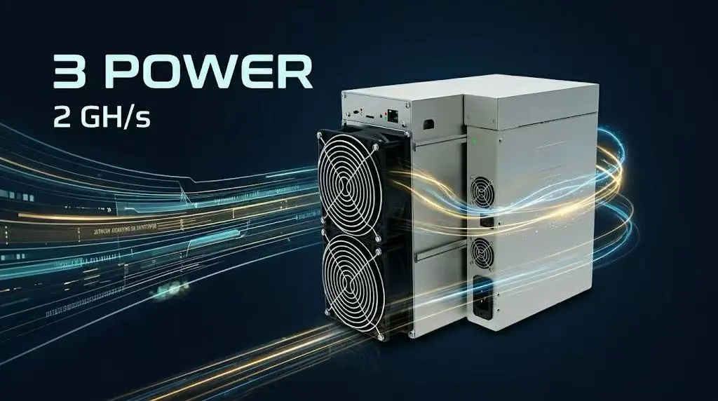 IceRiver ALEO AE3 professional ASIC miner front view with dual high-speed cooling fans for 3400W heat dissipation.
