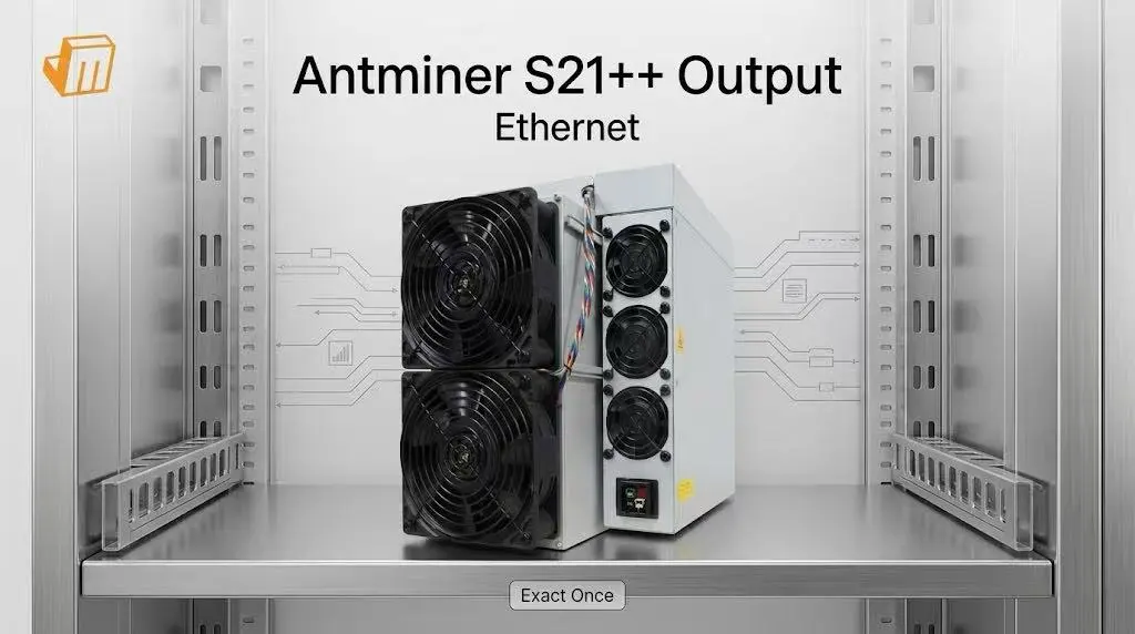 Front view of the Bitmain Antminer S21++ ASIC miner installed in a high-density data center server rack, highlighting its advanced cooling fans and metallic casing.