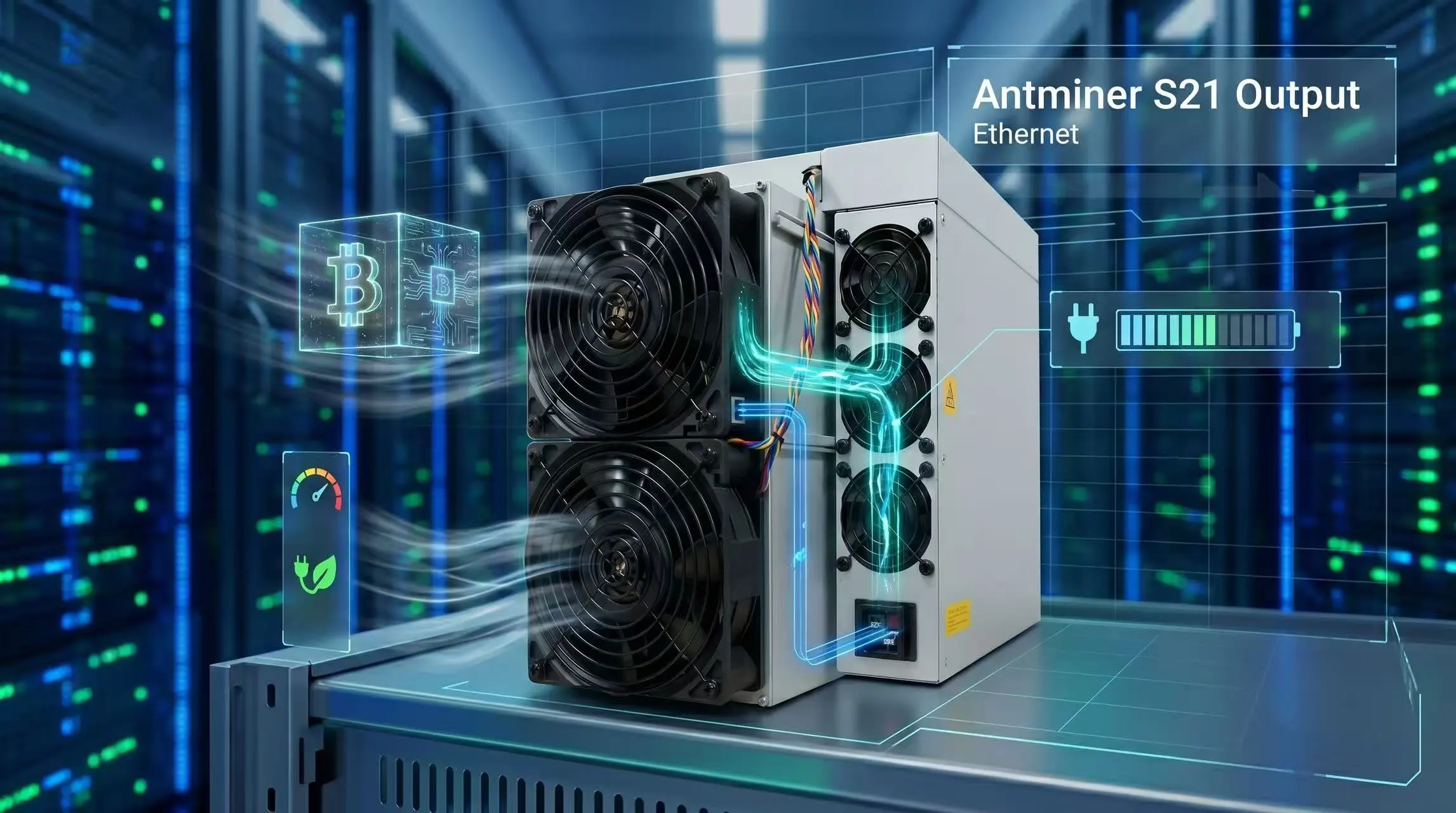 Bitmain Antminer S21 200Th/s SHA-256 ASIC miner highlighting 17.75 W/TH power efficiency