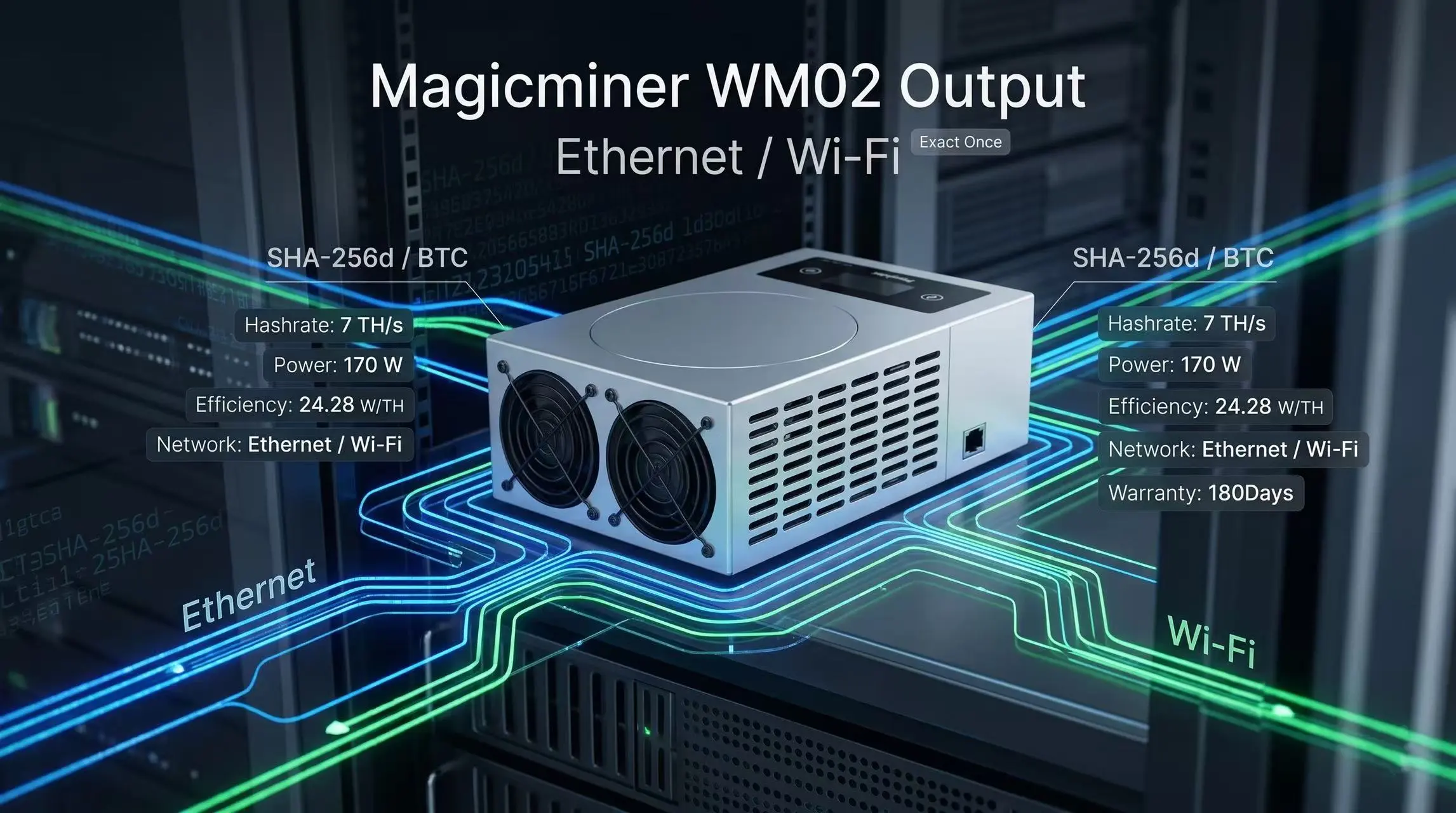 Стильный ASIC-майнер Magicminer WM02, светящийся динамичными синими энергетическими следами, окружённый многослойными голографическими линиями HUD, отображающими его производительность SHA-256, стиль технического сторителлинга, чистый фон, фотореалистичная коммерческая фотография, без текстовых меток, без логотипов.