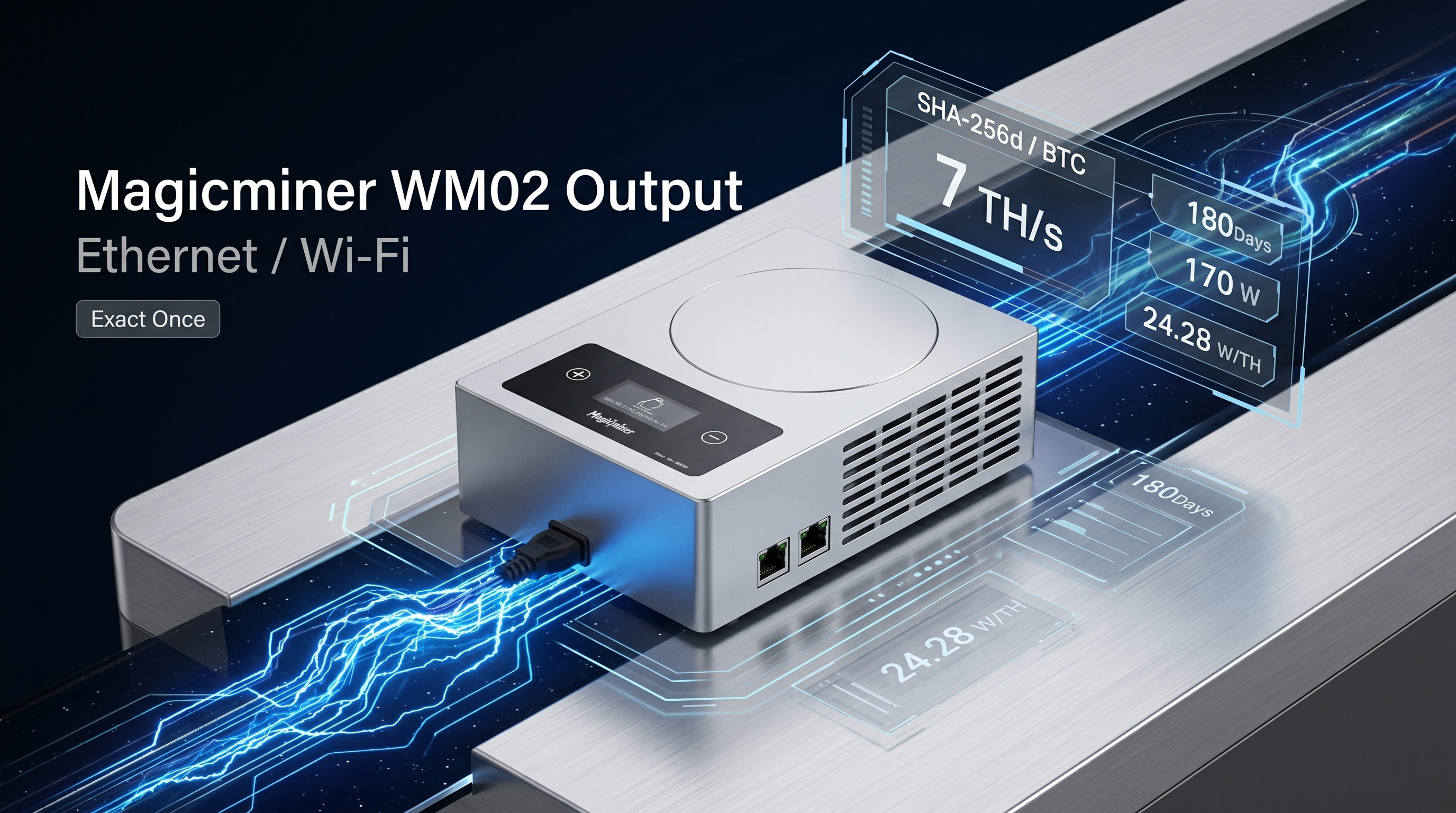 Macro shot of the Magicminer WM02 power interface with dynamic technical overlays, glowing green data streams conceptualizing its ultra-low 170W energy conservation, high-tech aesthetic, futuristic power nodes, no watermarks, no clear text, no logos.