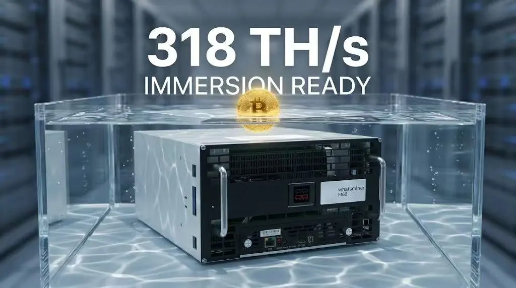 Cảnh quay điện ảnh của MicroBT WhatsMiner M66+, các luồng năng lượng màu cam và vàng phát sáng bùng nổ thể hiện sức mạnh xử lý 318Th/s mãnh liệt, lưới dữ liệu tương lai, phong cách tác động câu chuyện công nghệ, nhiếp ảnh thương mại chân thực, không chữ, không logo.