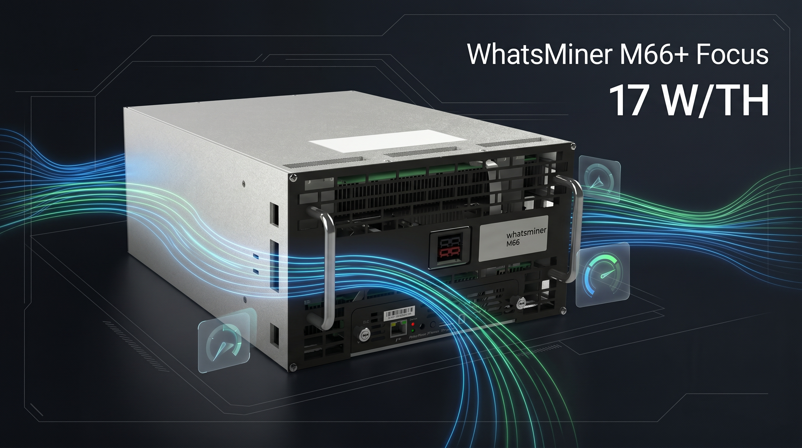 Front view of MicroBT WhatsMiner M66+ 318 Th/s ASIC miner exhibition display