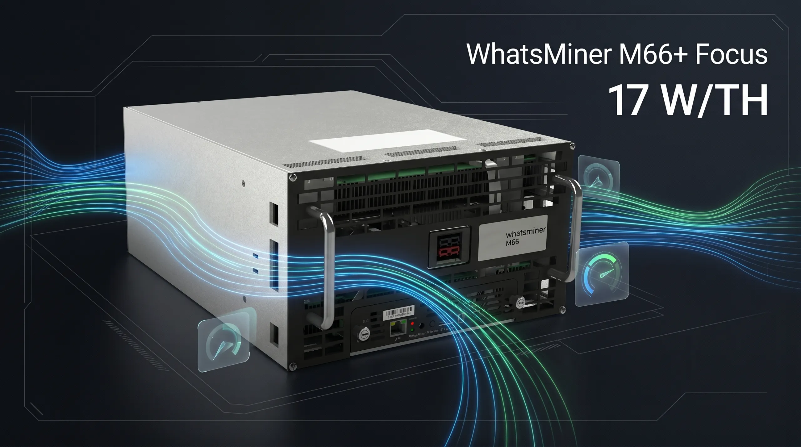 Front view of MicroBT WhatsMiner M66+ 318 Th/s ASIC miner exhibition display