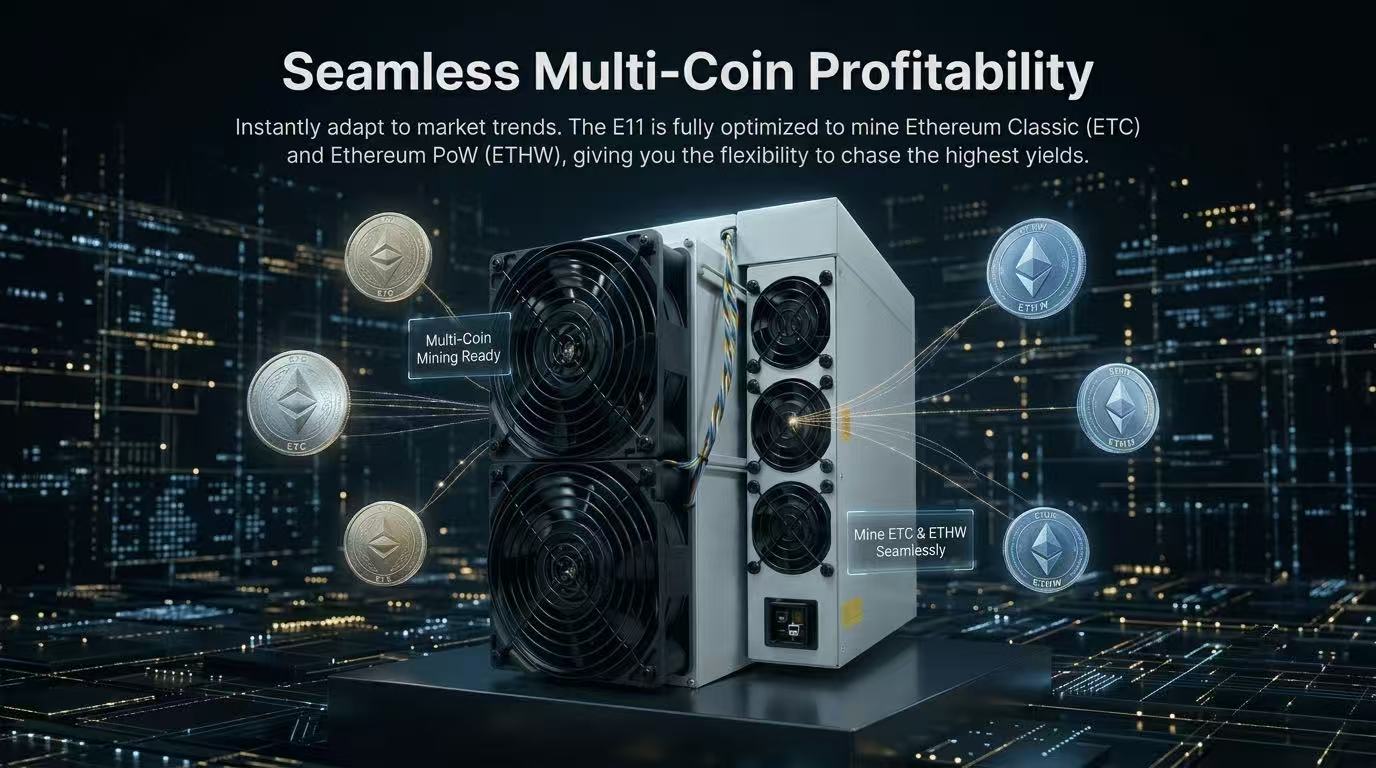 Front angle view of the rugged aluminum Bitmain Antminer E11 industrial ASIC miner chassis, showcasing its heavy-duty dual-fan tube cooling setup, control board interface, and rigid construction built for server rack deployment.