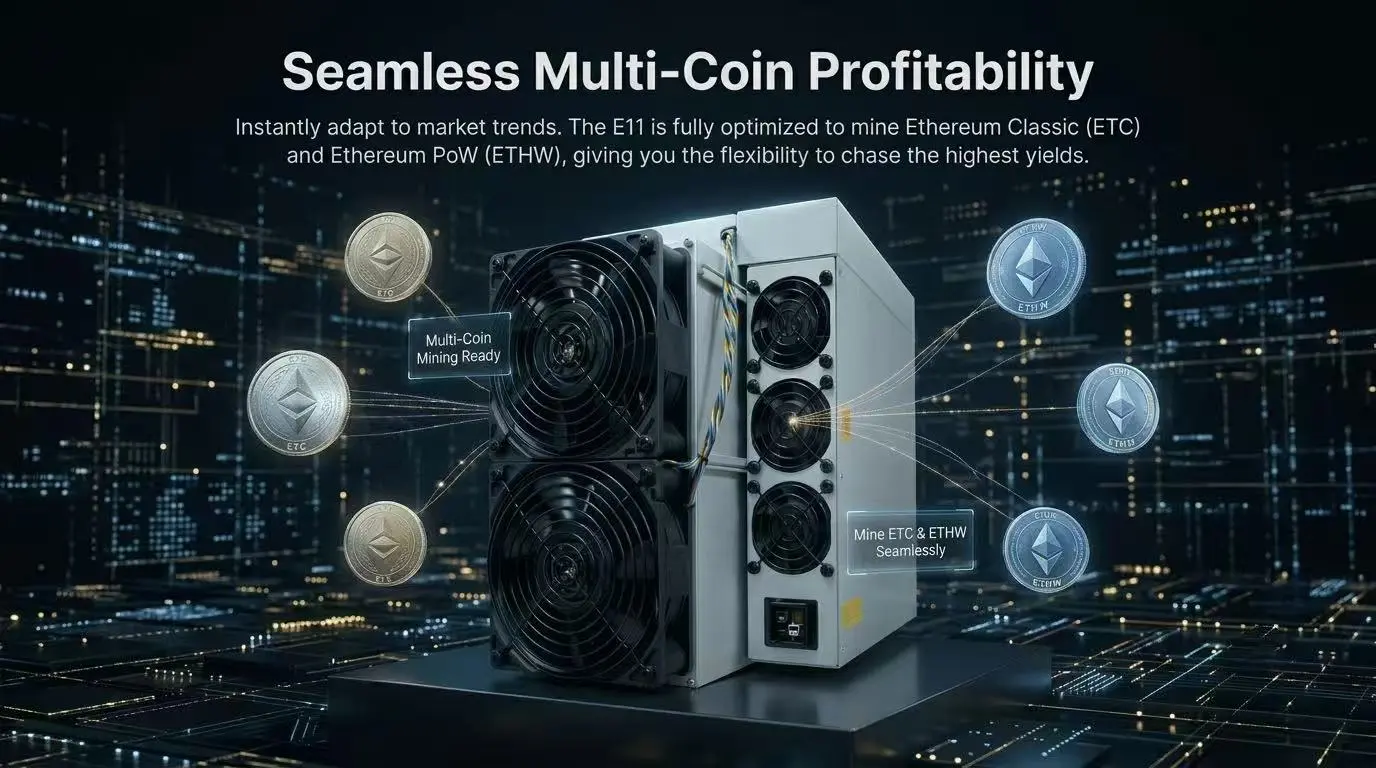 Front angle view of the rugged aluminum Bitmain Antminer E11 industrial ASIC miner chassis, showcasing its heavy-duty dual-fan tube cooling setup, control board interface, and rigid construction built for server rack deployment.