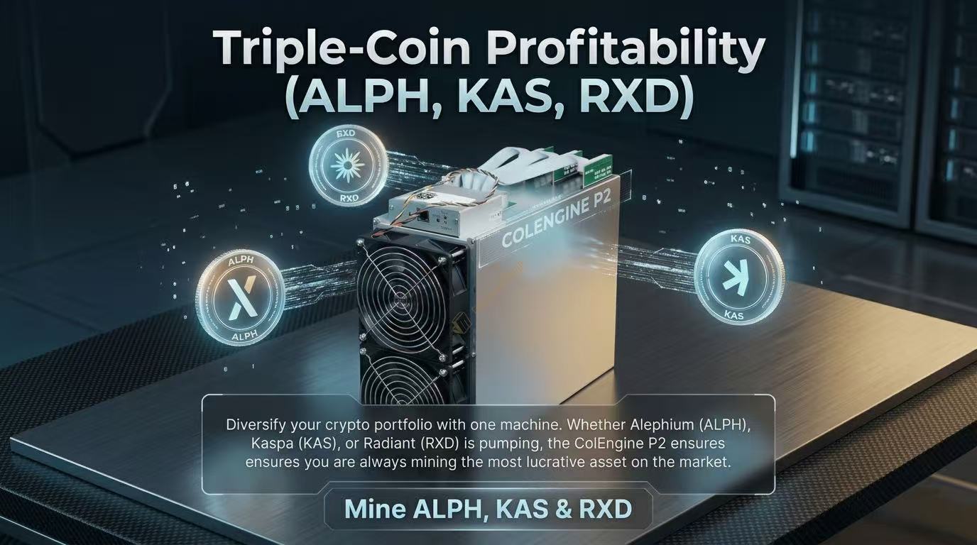 Nahaufnahme des Kühlgebläses des ColEngine P2 1458 W ASIC Miner Banners