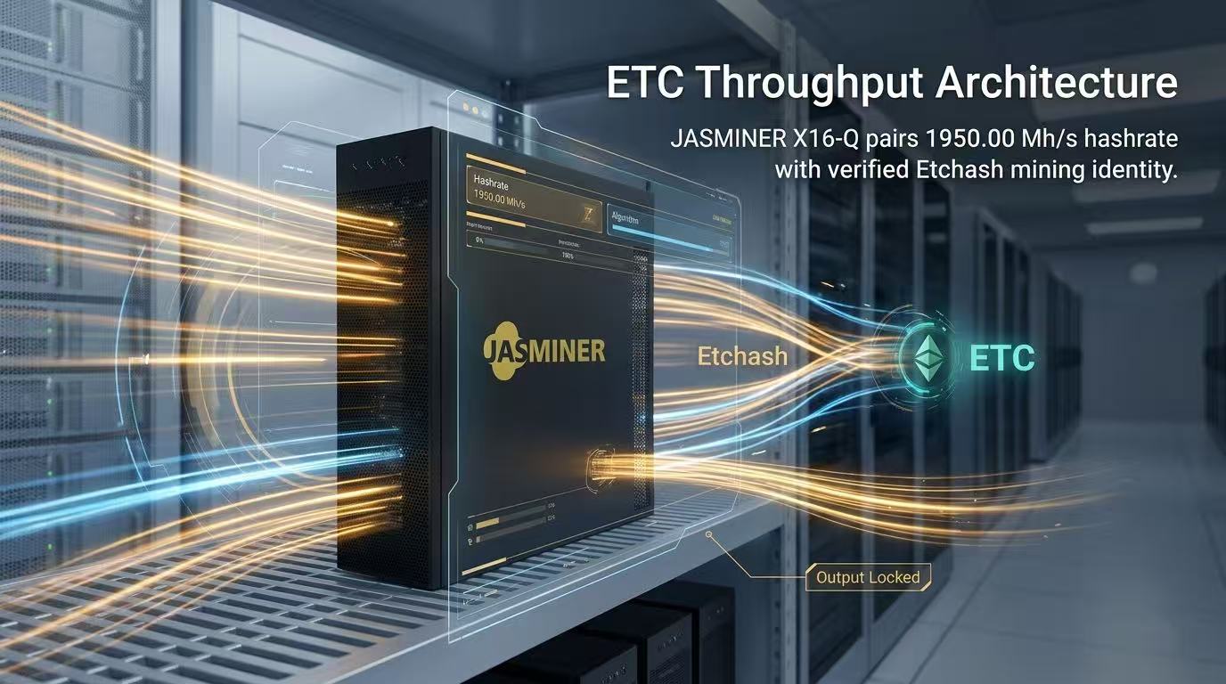 JASMINER X16-Q ASIC miner connected via Ethernet for stable 1950Mh/s operation