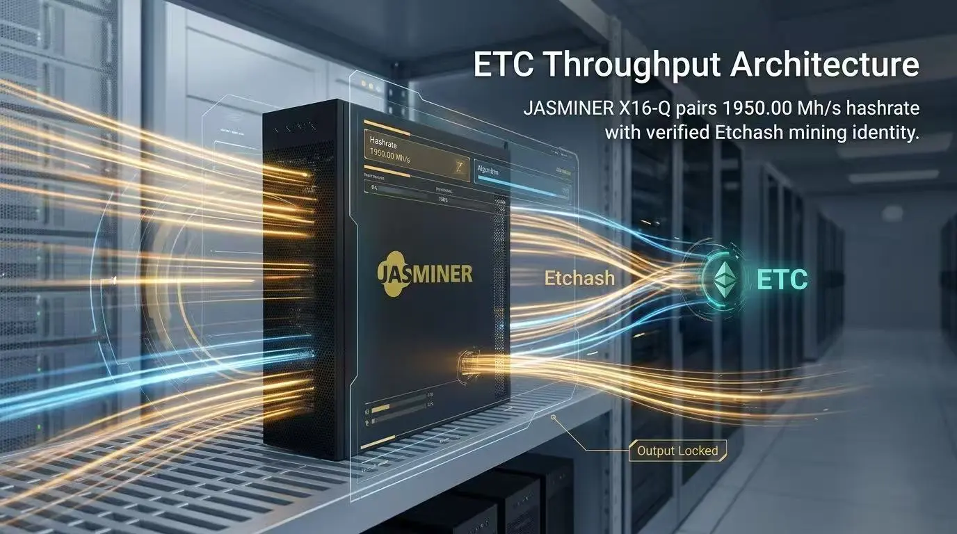 JASMINER X16-Q ASIC miner connected via Ethernet for stable 1950Mh/s operation