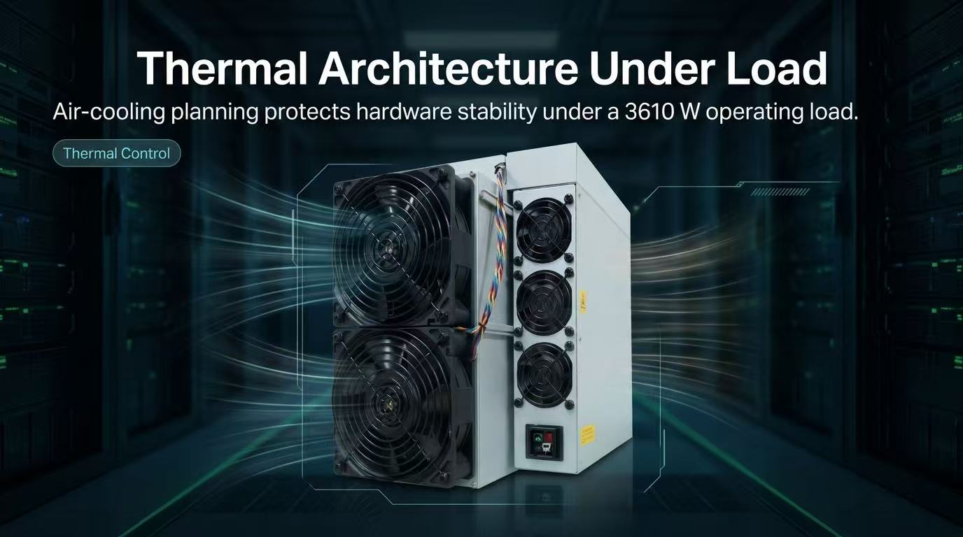  Bitmain Antminer T21 ASIC miner chassis design, emphasizing advanced thermal management for stable operation