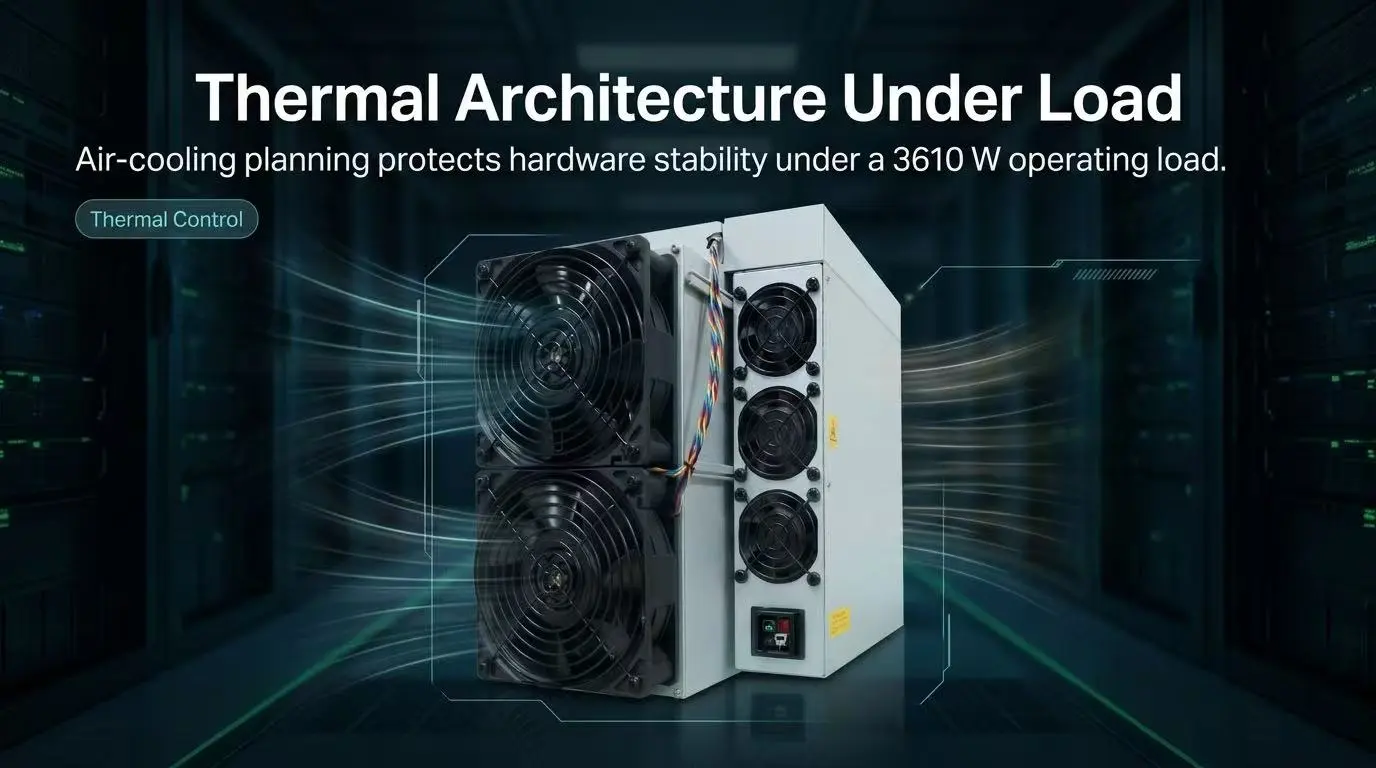 Bitmain Antminer T21 ASIC miner chassis design, emphasizing advanced thermal management for stable operation