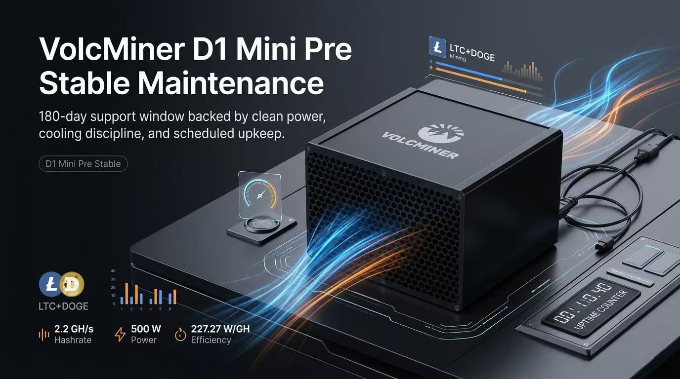 VolcMiner D1 Mini Pre ASIC miner operating, highlighting 2.2Gh/s hashrate output for optimal performance