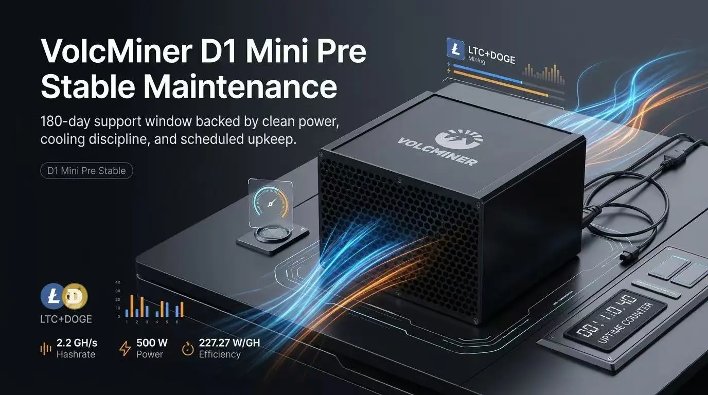 VolcMiner D1 Mini Pre ASIC miner operating, highlighting 2.2Gh/s hashrate output for optimal performance