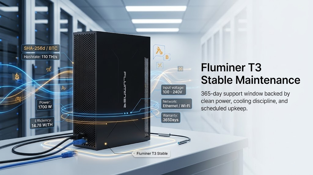 Fluminer T3 110Th/s Bitcoin miner showcasing its compact design for efficient deployment