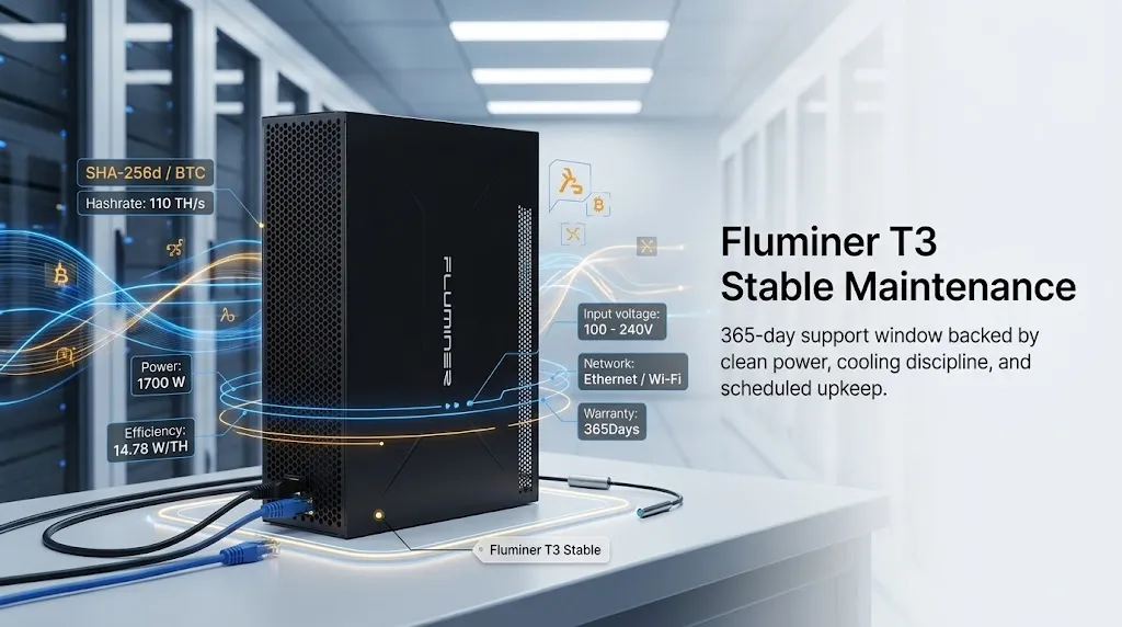 Fluminer T3 110Th/s Bitcoin miner showcasing its compact design for efficient deployment