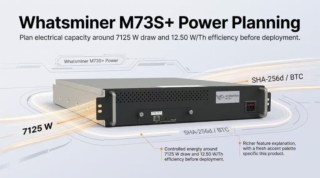 MicroBT WhatsMiner M73S+ with its 570Th/s hashrate, highlighting its high-performance Bitcoin mining capability for ASIC miner planning