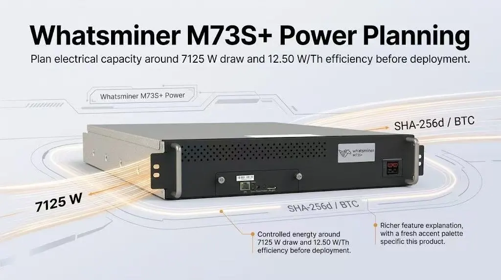 MicroBT WhatsMiner M73S+ with its 570Th/s hashrate, highlighting its high-performance Bitcoin mining capability for ASIC miner planning
