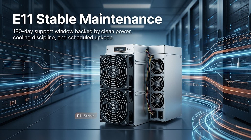 Bitmain Antminer E11 EtHash ASIC miner banner, highlighting 280 MH/s hashrate and industrial-grade crypto mining performance.