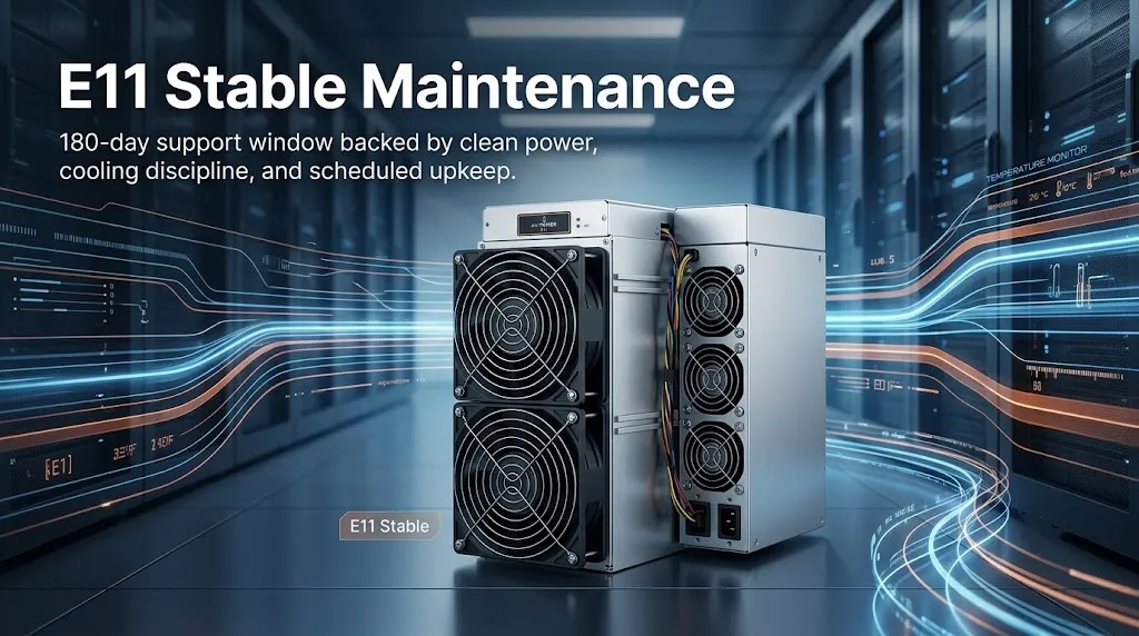 Bitmain Antminer E11 EtHash ASIC miner banner, highlighting 280 MH/s hashrate and industrial-grade crypto mining performance.