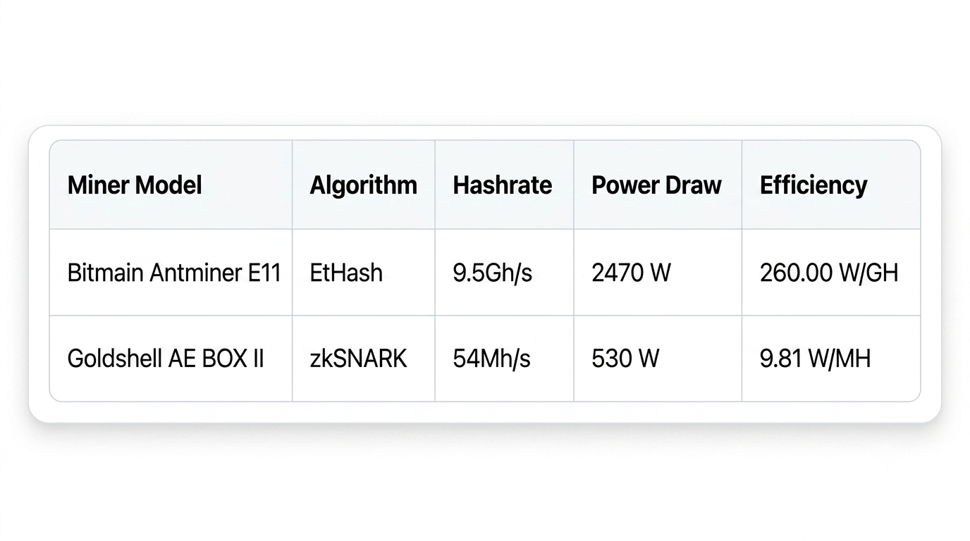 Data matrix detailing the hashrate, power draw, and energy efficiency metrics for the Antminer E11 and Goldshell AE BOX II crypto miners.