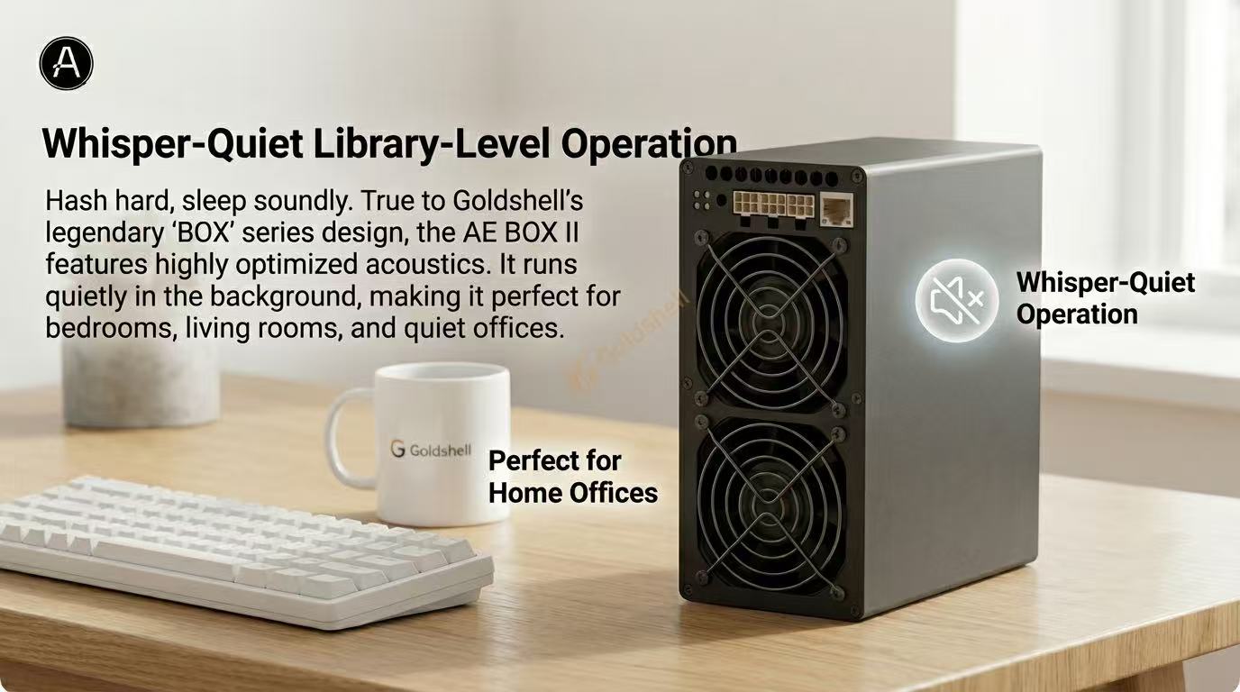 Goldshell AE BOX II zkSNARK miner banner, featuring a low-power 530W design ideal for home and small office Aleo mining.