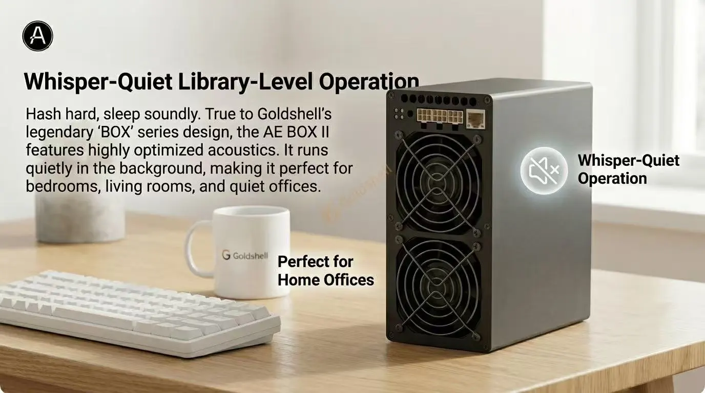 Goldshell AE BOX II zkSNARK miner banner, featuring a low-power 530W design ideal for home and small office Aleo mining.