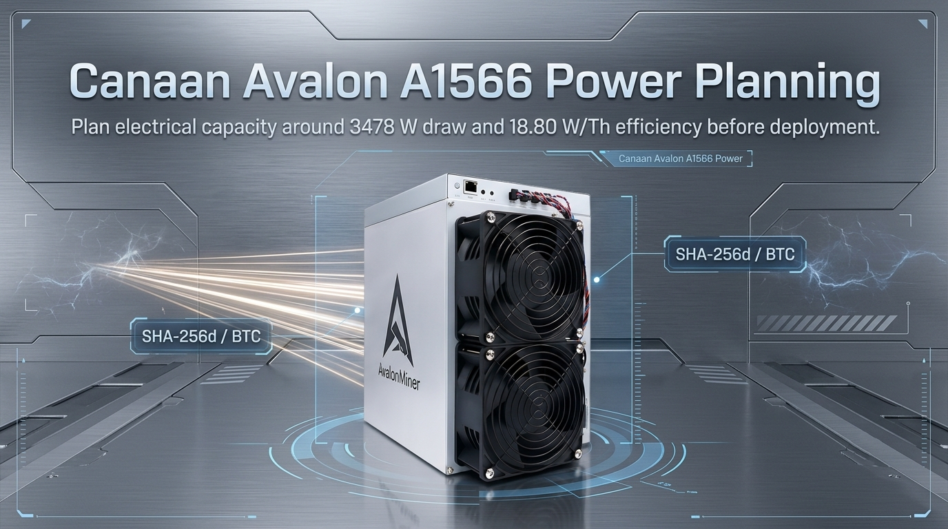 Banner del miner Bitcoin ASIC Canaan Avalon A1566, con hashrate di 185 TH/s ed efficienza energetica di 18.5 J/TH per il mining SHA-256.