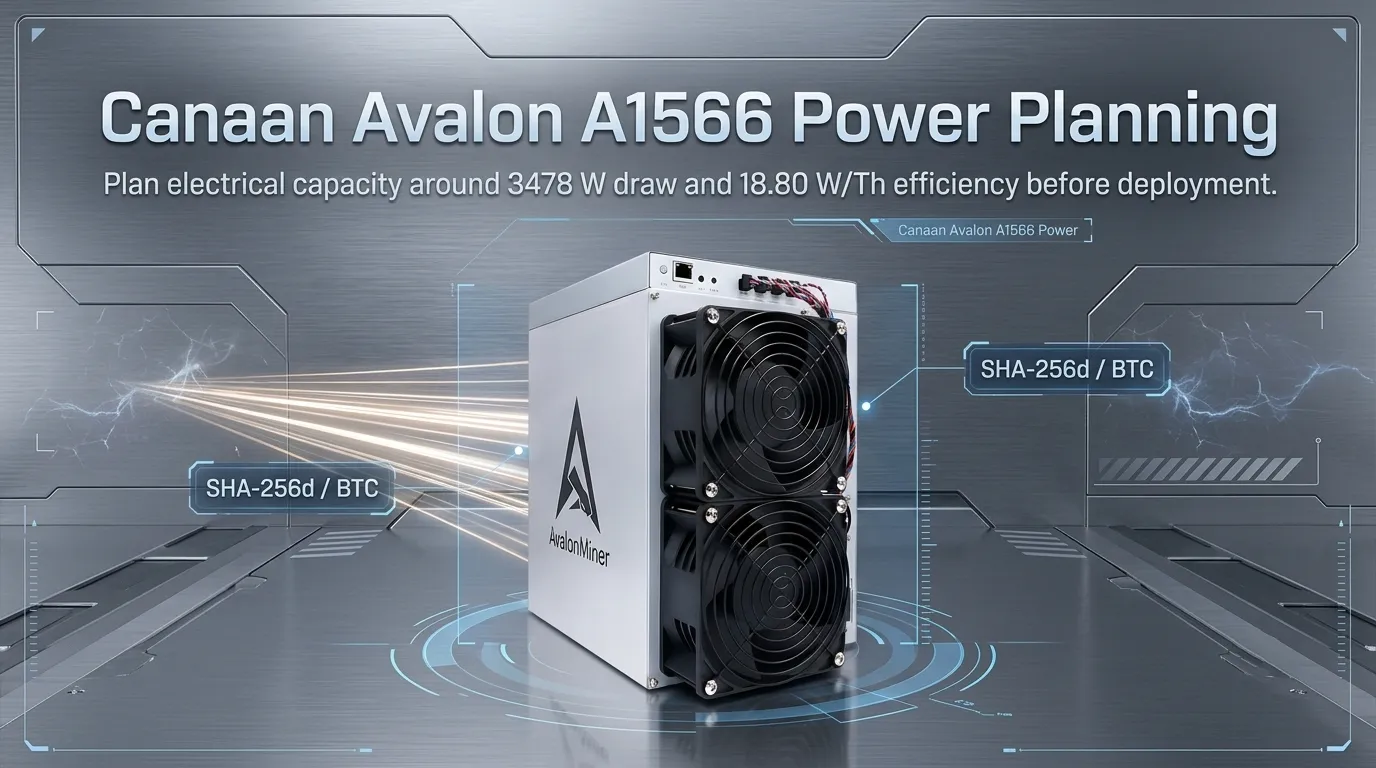 Canaan Avalon A1566 Bitcoin ASIC miner banner, featuring 185 TH/s hashrate and 18.5 J/TH energy efficiency for SHA-256 mining.