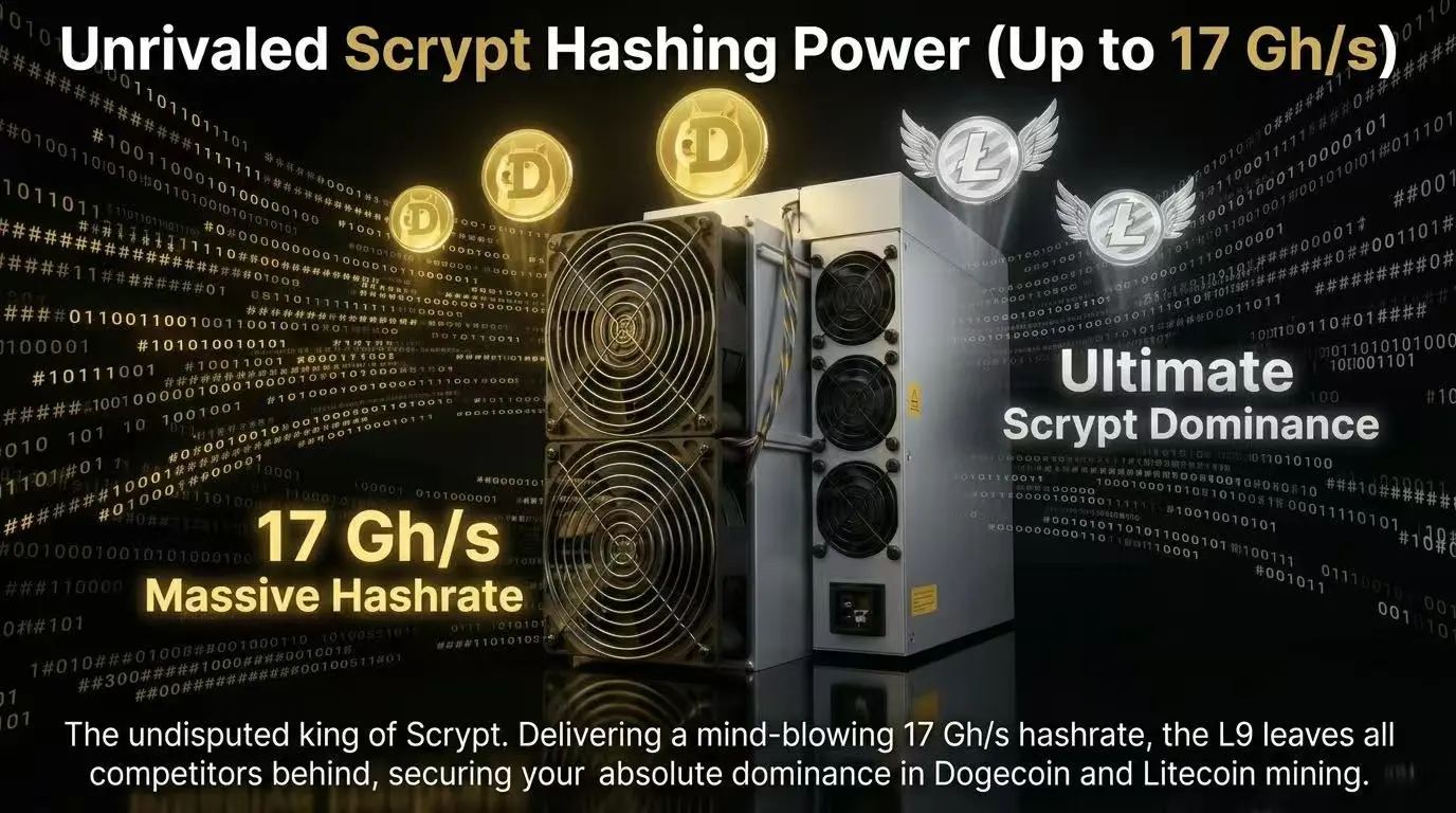 Bitmain Antminer L9 Scrypt ASIC showcasing 17Gh/s hashrate for Litecoin and Dogecoin
