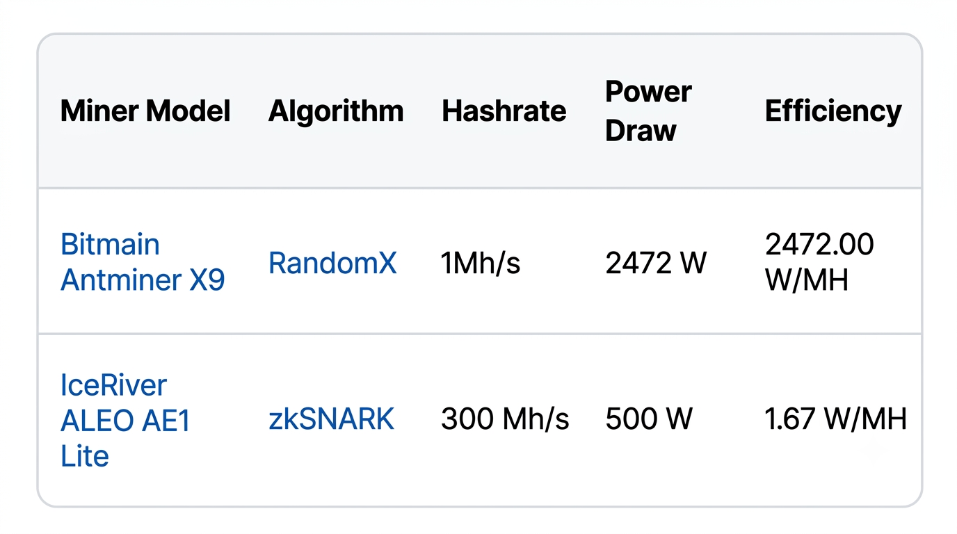 Specification matrix mapping hashrate, power draw, and efficiency for Bitmain Antminer X9 (RandomX) and IceRiver ALEO AE1 Lite (zkSNARK) miners.