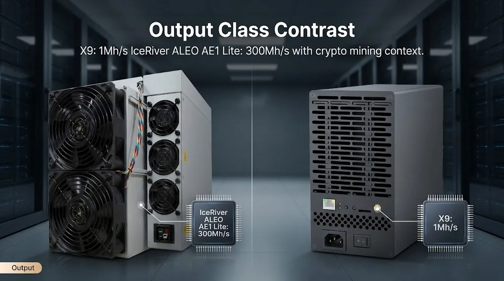 Side-by-side physical footprint comparison showcasing the robust Antminer X9 data center rig next to the compact IceRiver ALEO AE1 Lite home miner.