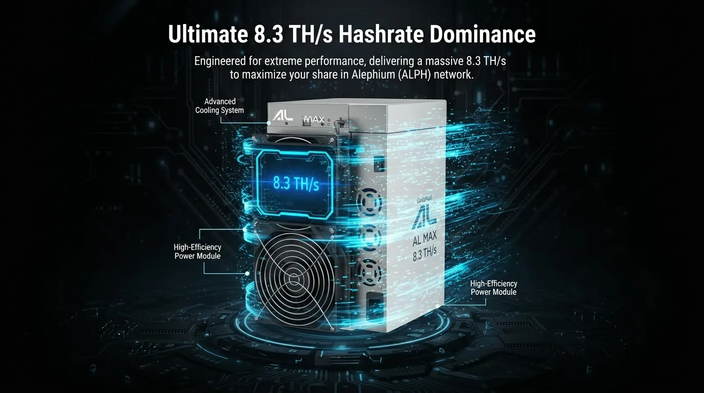 Goldshell AL MAX ASIC miner displaying 8.3 TH/s hashrate for SHA-256 Bitcoin mining