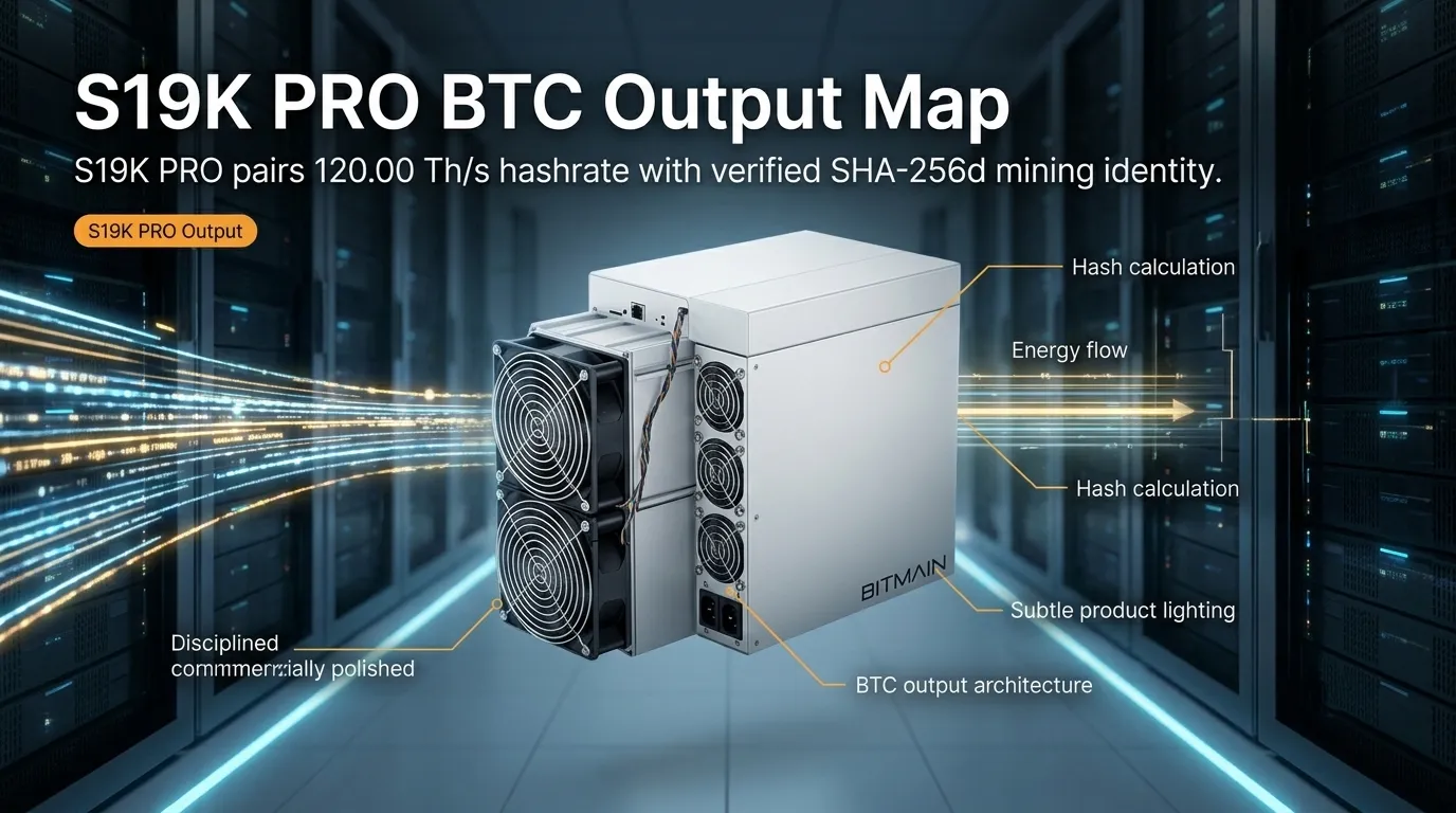 Bitmain Antminer S19K PRO Bitcoin miner banner, featuring 120 TH/s hashrate and 23 J/TH efficiency for optimal SHA-256 mining.