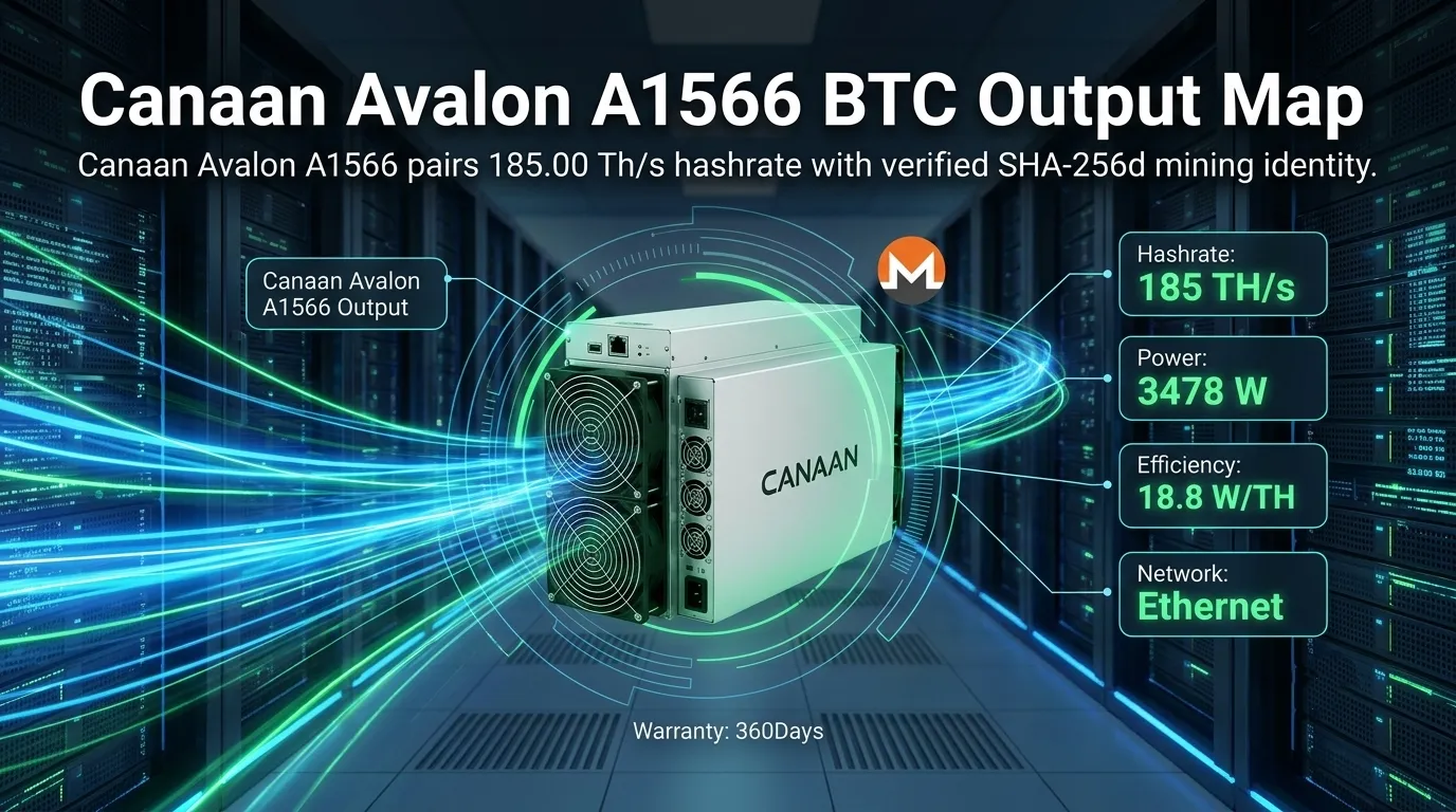Canaan Avalon A1566 ASIC miner demonstrating its 185 TH/s SHA-256 hashrate for Bitcoin