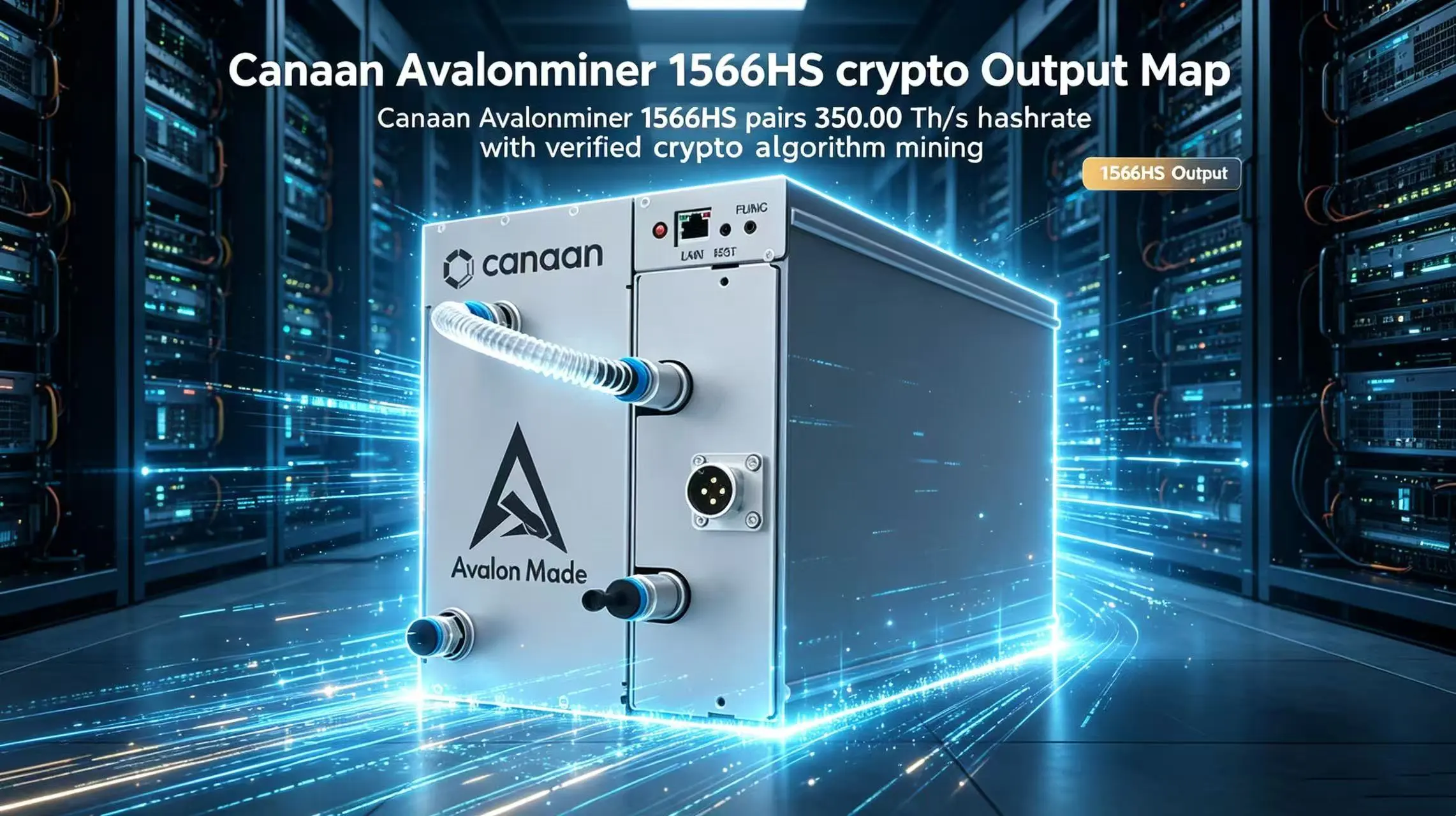 Canaan Avalonminer 1566HS ASIC miner showcasing its 350.00 Th/s hashrate for competitive Bitcoin mining