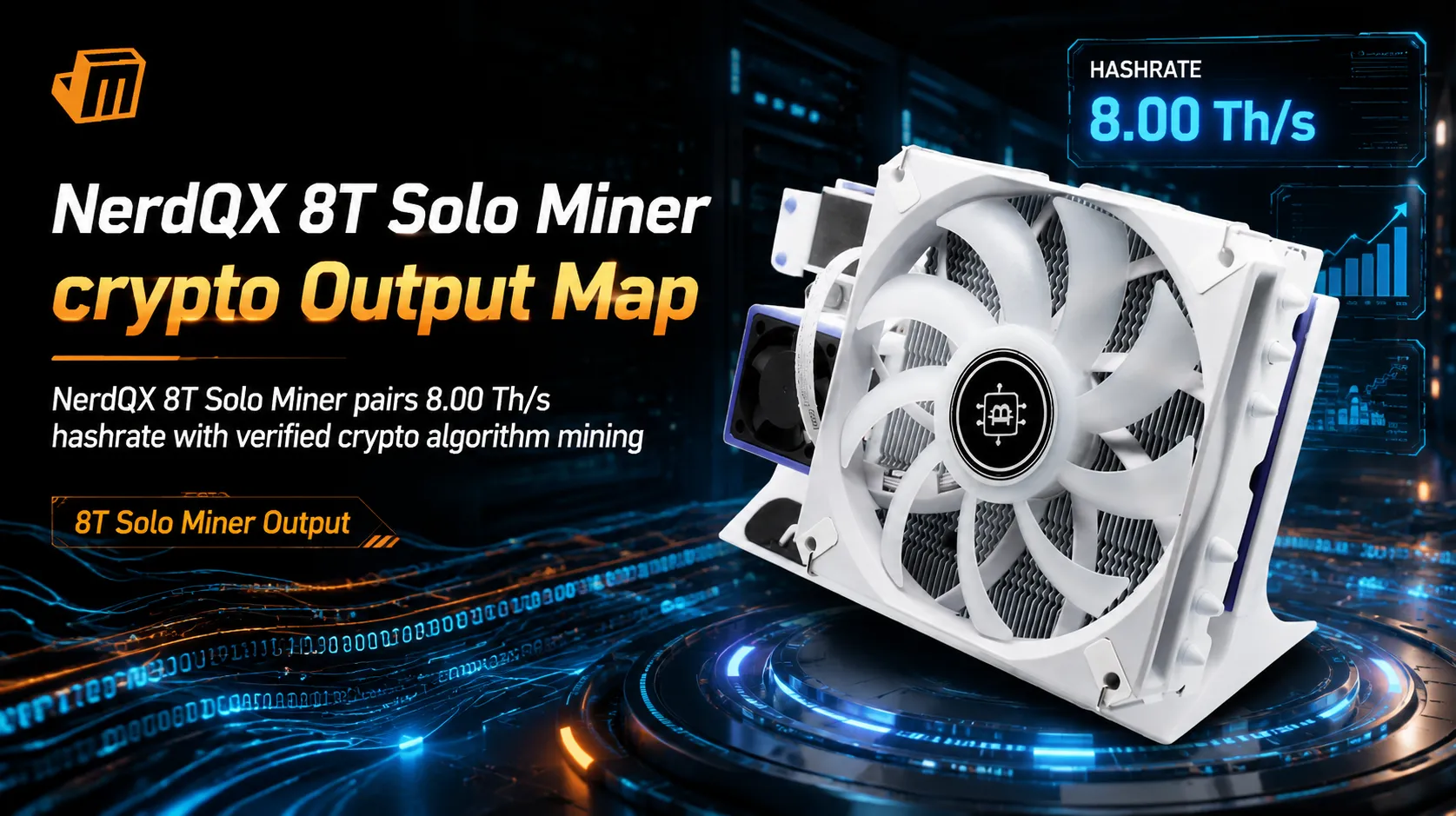 NerdQX 8T Solo Miner in a compact home setup, highlighting its low 138 W power draw