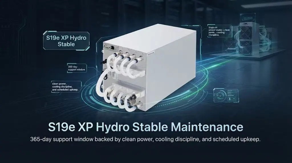 Bitmain Antminer S19e XP Hydro ASIC miner operating in a data center, highlighting its 5522W power draw needs