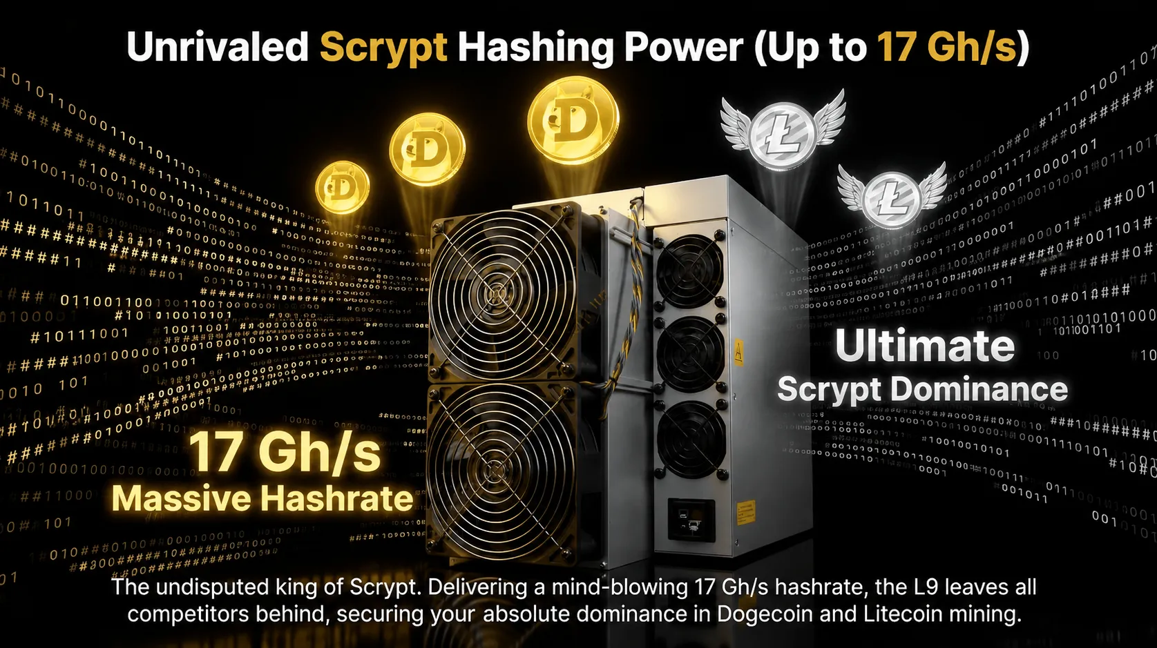 Bitmain Antminer L9 ASIC miner displaying 17.00 Gh/s Scrypt hashrate potential for LTC/DOGE