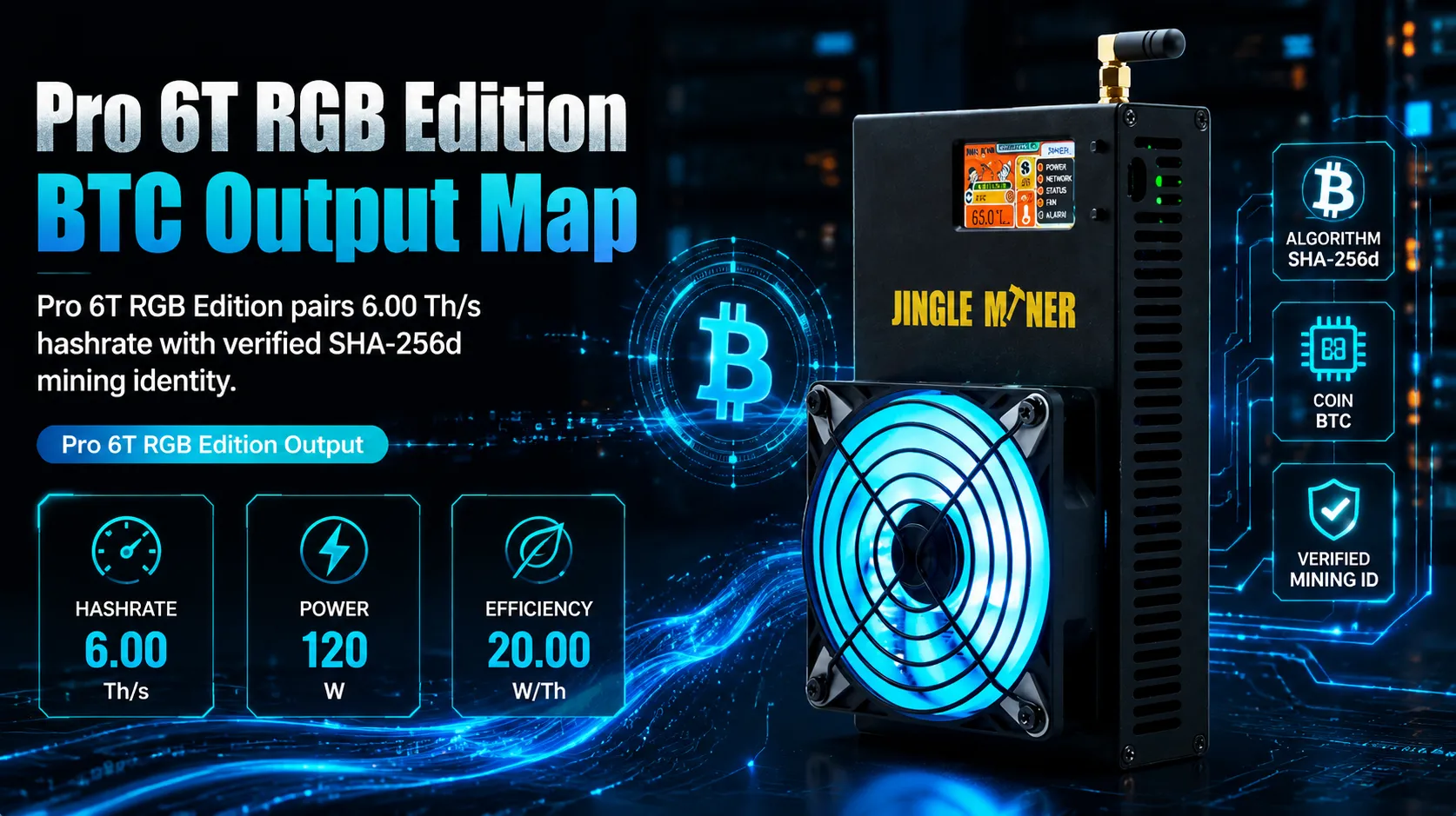 Jingle Miner Solo Pro 6T RGB Edition miner on a clean desk, showcasing its compact form factor