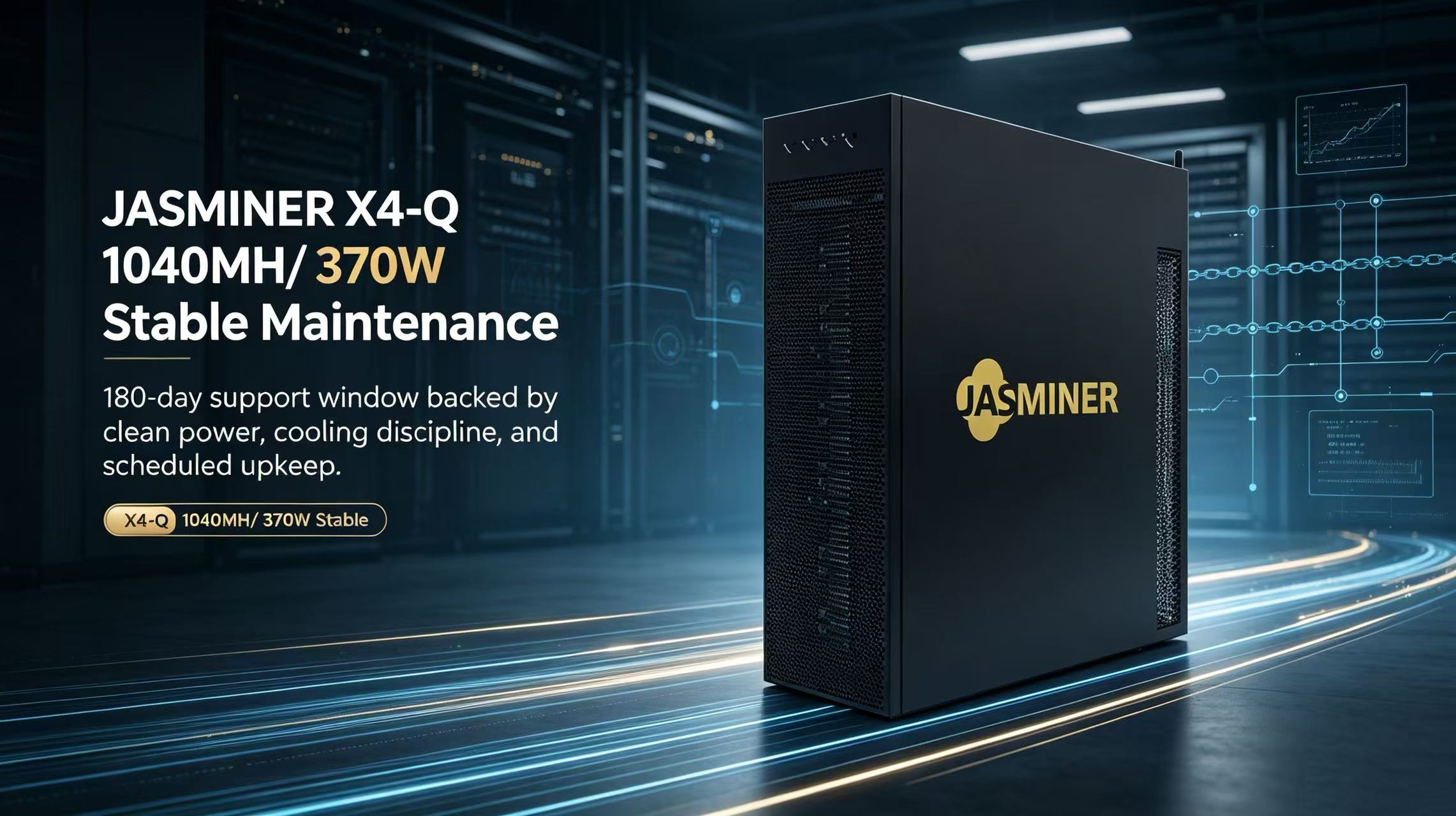 JASMINER X4-Q 1040MH/ 370W ASIC miner comparison image showing buyer-fit differences through hashrate, power, and efficiency cues